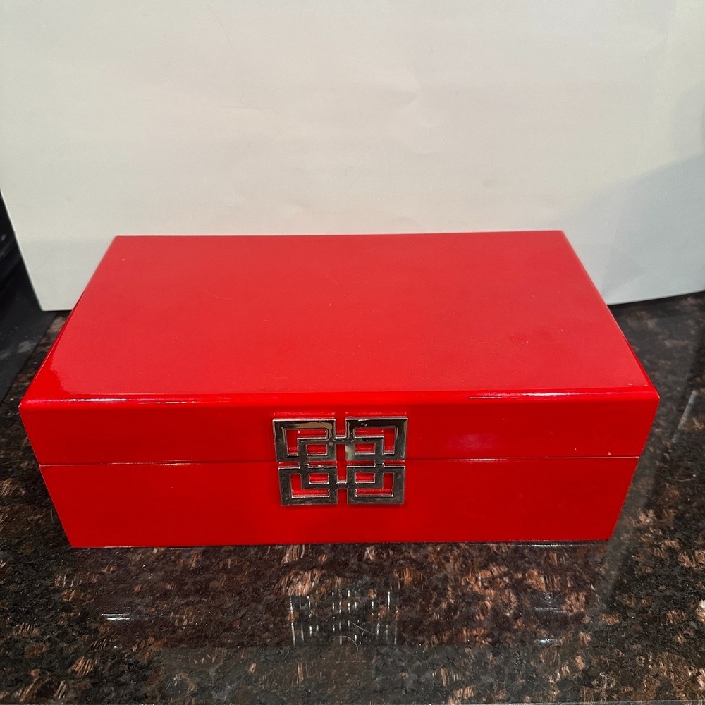 Vintage Red Lacquer Jewelry Box Silver Geometric Clasp Black Lined Keepsake